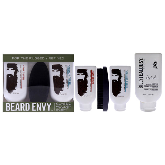 Beard Envy and Hydroplane Super-Slick Shave Cream Kit by Billy Jealousy for Men 4 Pc Kit 3oz Beard Wash, 3oz Beard Control, Brush, 8oz Shave Cream