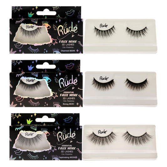 Essential Faux Mink 3D Lashes Kit by Rude Cosmetics for Women - 3 Pc Kit Pair Lashes - Bossy, Pair Lashes - Captivating, Pair Lashes - Charmed