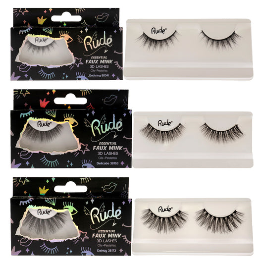 Essential Faux Mink 3D Lashes Kit by Rude Cosmetics for Women - 3 Pc Kit Pair Lashes - Dainty, Pair Lashes - Delicate, Pair Lashes - Enticing