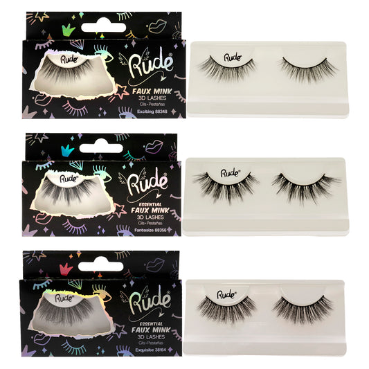 Essential Faux Mink 3D Lashes Kit by Rude Cosmetics for Women - 3 Pc Kit Pair Lashes - Exciting, Pair Lashes - Exquisite, Pair Lashes - Fantasize