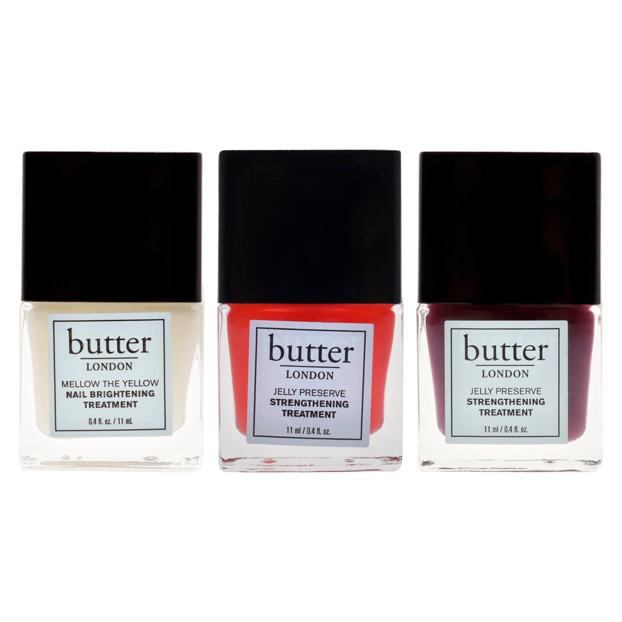 Nail Brightening Treatment and Jelly Preserve Strengthening Treatment Kit by Butter London for Women - 3 Pc Kit 0.4 oz Nail Treatment - Mellow The Yellow, 0.4 oz Nail Treatment - Victoria Plum, 0.4 oz Nail Treatment - Strawberry Rhubarb