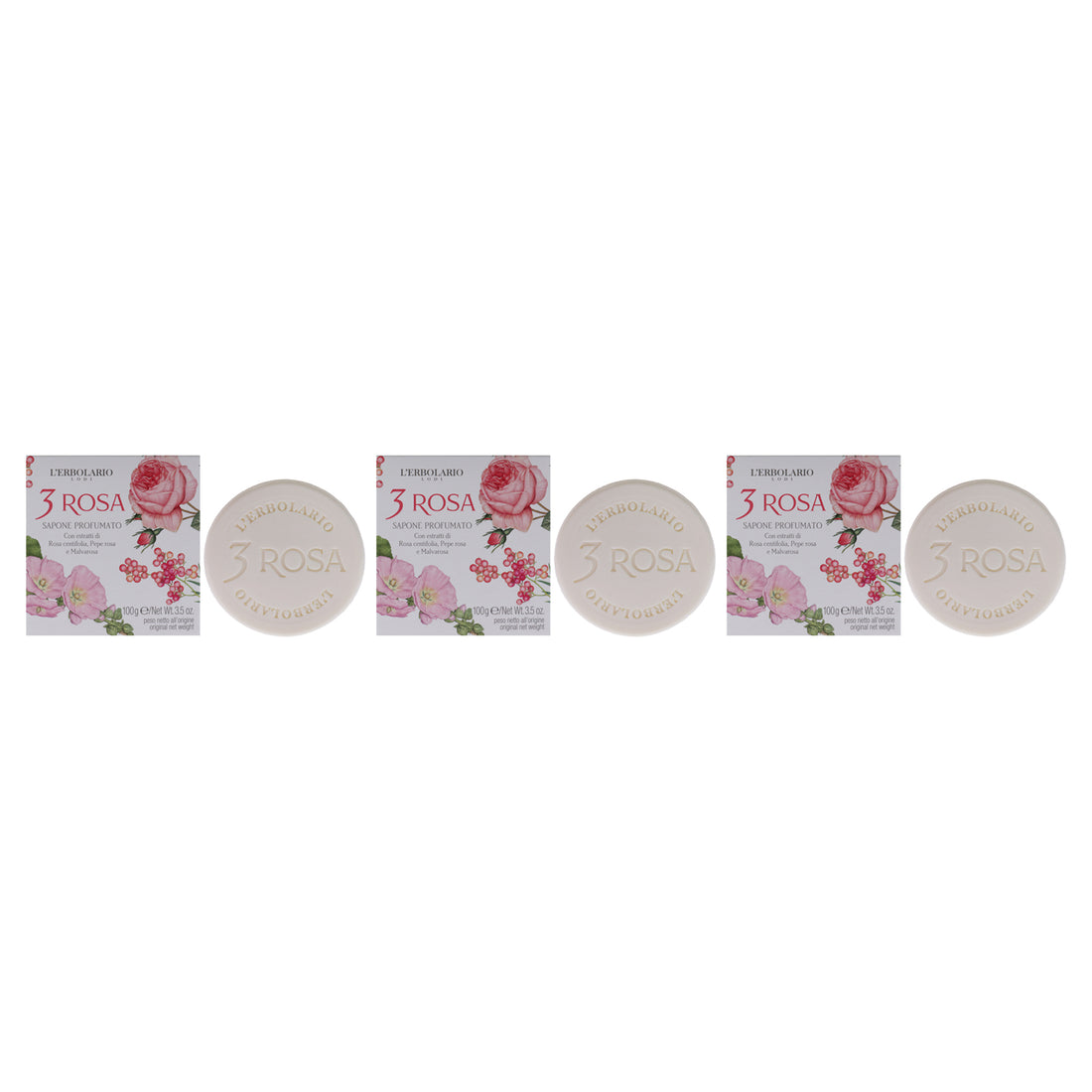 3 Rose Perfumed Bar Soap by LErbolario for Unisex - 3.5 oz Soap - Pack of 3