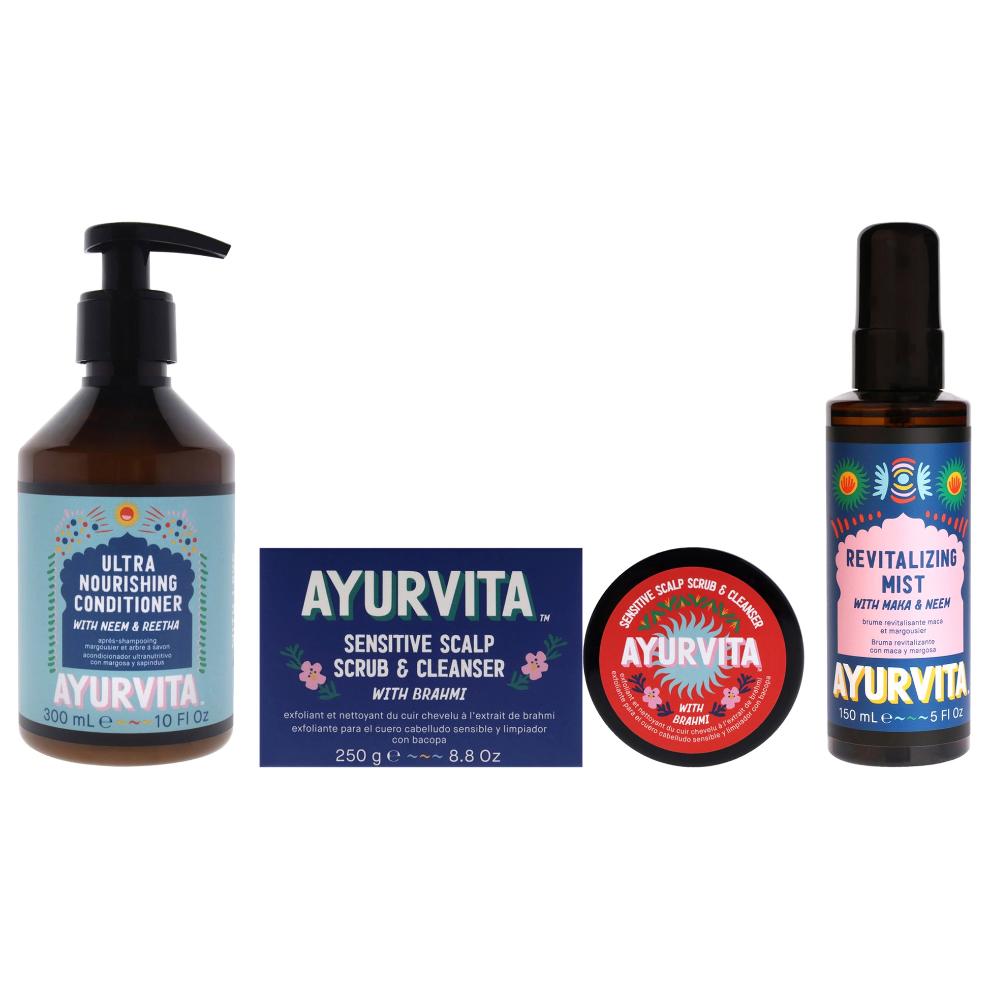 Brahmi Sensitive Scalp Scrub and Cleanser - Neem and Reetha Ultra Nourishing Conditioner with Maka and Neem Revitalizing Mist Kit by AyurVita for Unisex - 3 Pc Kit 8.8oz Cleanser, 10oz Conditioner, 5oz Mist