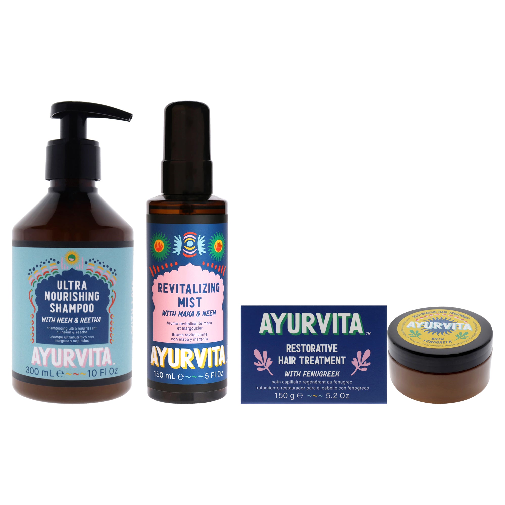 Restorative Hair Treatment With Fenugreek - Neem and Reetha Ultra Nourishing Shampoo with Maka and Neem Revitalizing Mist Kit by AyurVita for Unisex - 3 Pc Kit 5.2oz Treatment, 10oz Shampoo, 5oz Mist