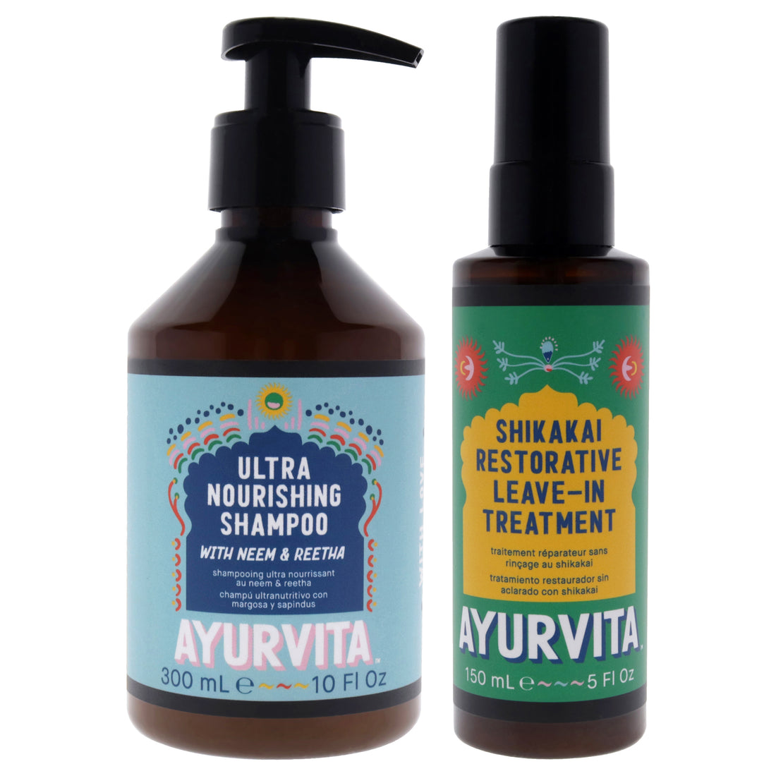 Neem and Reetha Ultra Nourishing Shampoo with Shikakai Restorative Leave In Treatment Kit by AyurVita for Unisex - 2 Pc Kit 10oz Shampoo, 5oz Treatment