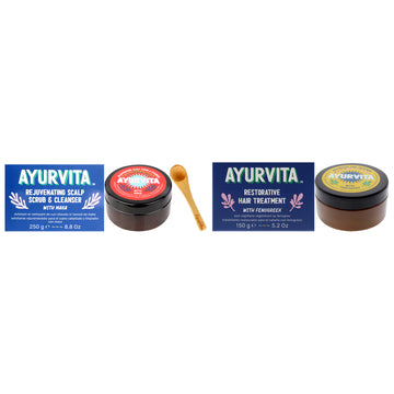 Restorative Hair Treatment With Fenugreek and Maka Rejuvenating Scalp Scrub and Cleanser Kit by AyurVita for Unisex - 2 Pc Kit 5.2oz Treatment, 6.7oz Cleanser