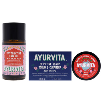 Amla and Neem Restorative Hair Oil with Brahmi Sensitive Scalp Scrub and Cleanser Kit by AyurVita for Unisex - 3 Pc Kit 2 x 2oz Oil, 8.8oz Cleanser