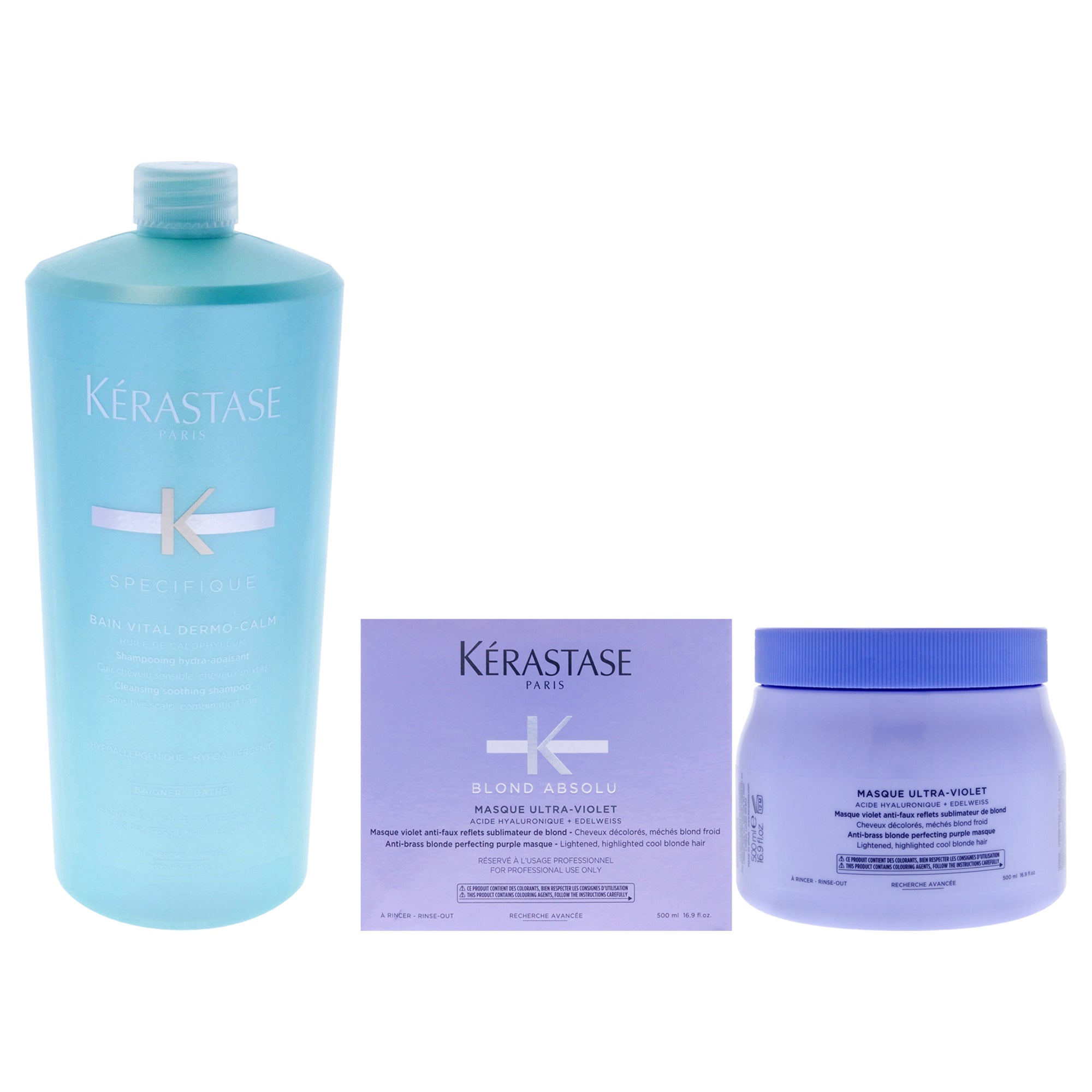 Kerastase Specifique Bain Vital Dermo-Calm Shampoo and Blonde Absolu Ultra Violet Masque Kit by Kerastase for Unisex - 2 Pc Kit 34oz Shampoo, 16.9oz Masque