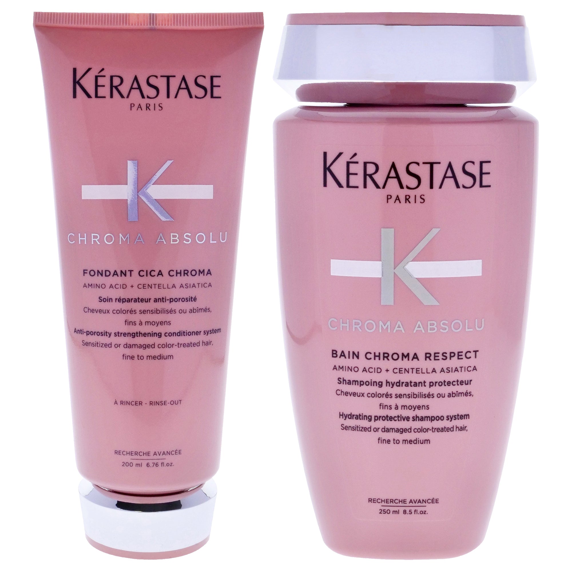 Chroma Absolu Kit by Kerastase for Unisex - 2 Pc Kit 6.8oz Chroma Absolu Fondant Cica Conditioner, 8.4oz Chroma Absolu Moisturizing Protective System Shampoo