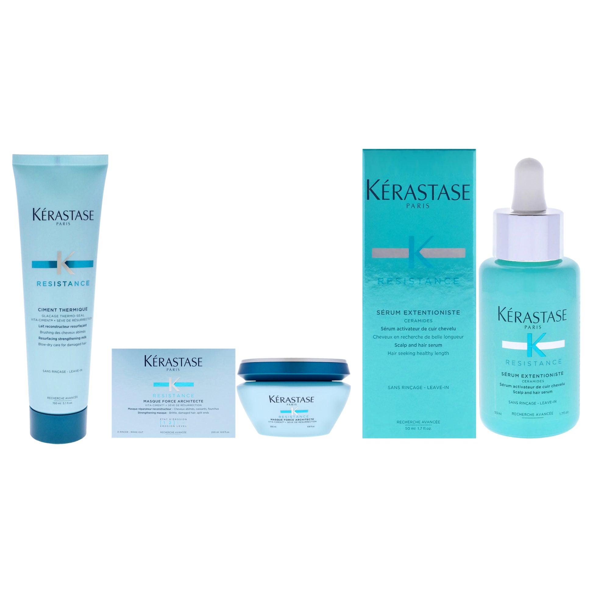 Resistance Kit by Kerastase for Unisex - 3 Pc Kit 1.7oz Resistance Serum Extentioniste, 6.8oz Resistance Masque Force Architecte Masque, 5.1oz Resistance Ciment Thermique Treatment