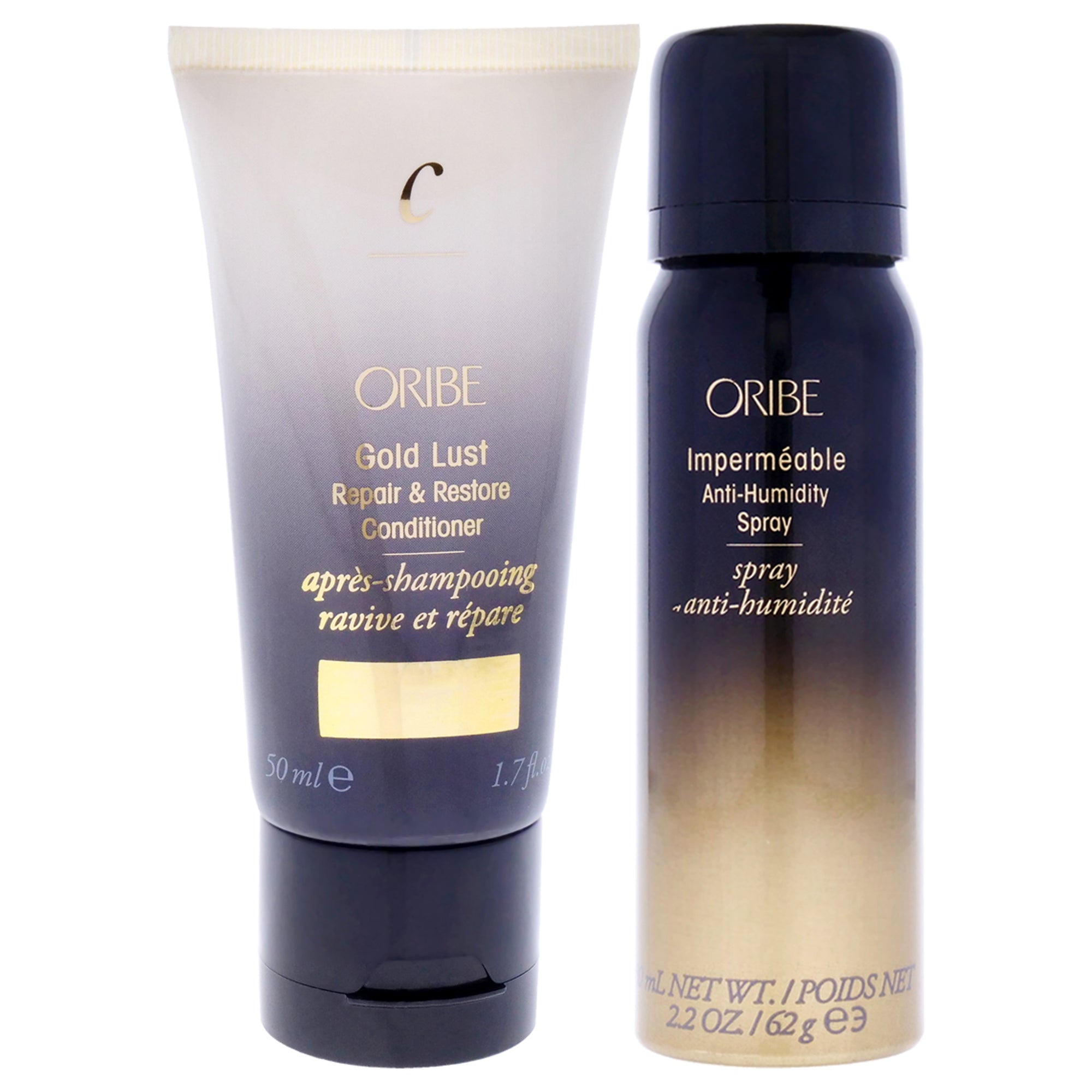 Impermeable Anti-Humidity Spray and Gold Lust Repair and Restore Conditioner Kit by Oribe for Unisex - 2 Pc Kit 2.1oz Hair Spray, 1.7oz Conditioner