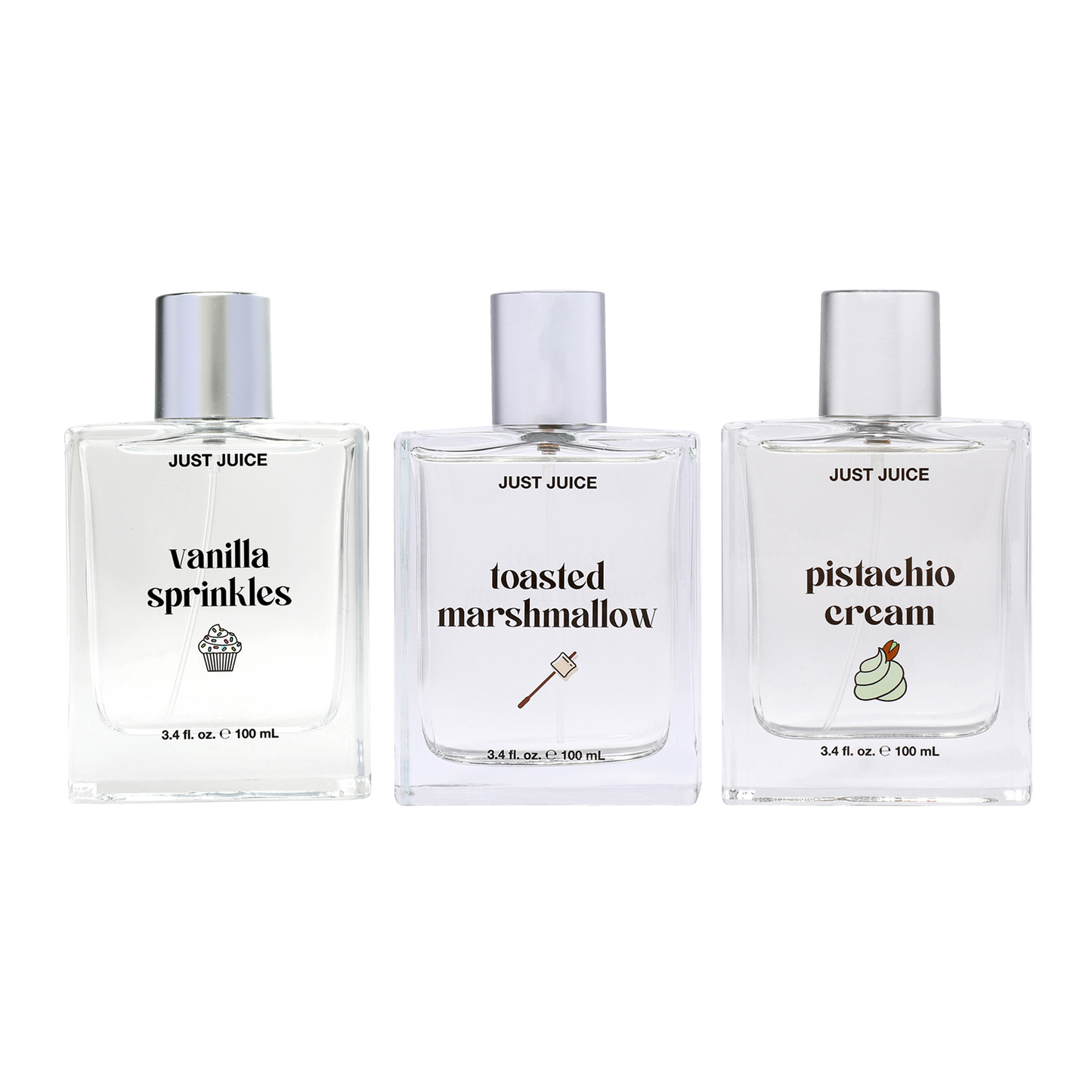 Sweet and Addictive Kit by Just Juice for Unisex - 3 Pc Kit 3.4oz Vanilla Sprinkle EDP Spray, 3.4oz Toasted Marshmallow EDP Spray, 3.4oz Pistachio Cream EDP Spray