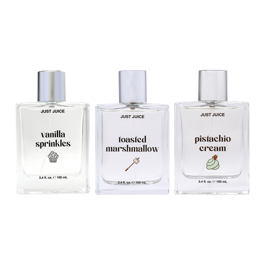 Sweet and Addictive Kit by Just Juice for Unisex - 3 Pc Kit 3.4oz Vanilla Sprinkle EDP Spray, 3.4oz Toasted Marshmallow EDP Spray, 3.4oz Pistachio Cream EDP Spray