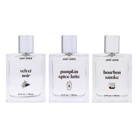 Warm and Cozy Nights Kit by Just Juice for Unisex - 3 Pc Kit 3.4oz Pumpkin Spice Latte EDP Spray, 3.4oz Bourbon Smoke EDP Spray, 3.4oz Velvet Noir EDP Spray