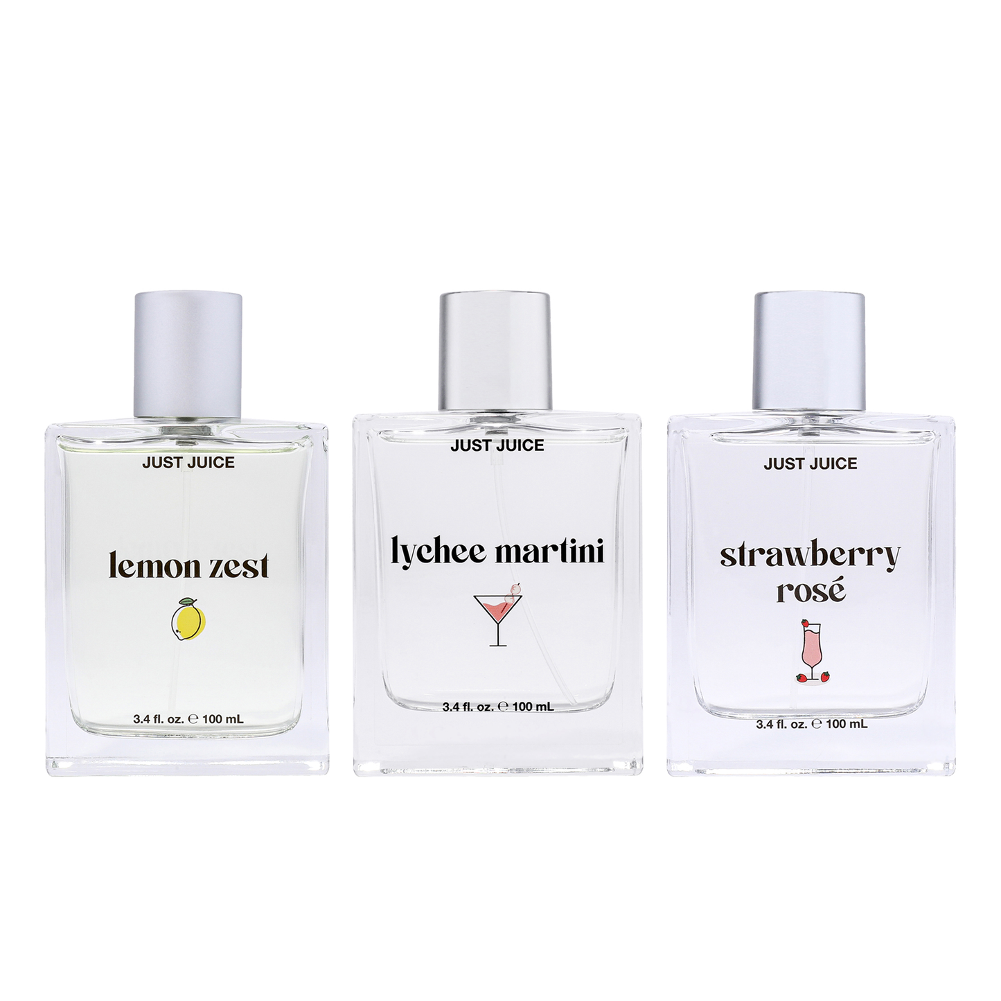 Fresh and Bright Kit by Just Juice for Unisex - 3 Pc Kit 3.4oz Lemon Zest EDP Spray, 3.4oz Strawberry Rose EDP Spray, 3.4oz Lychee Martini EDP Spray