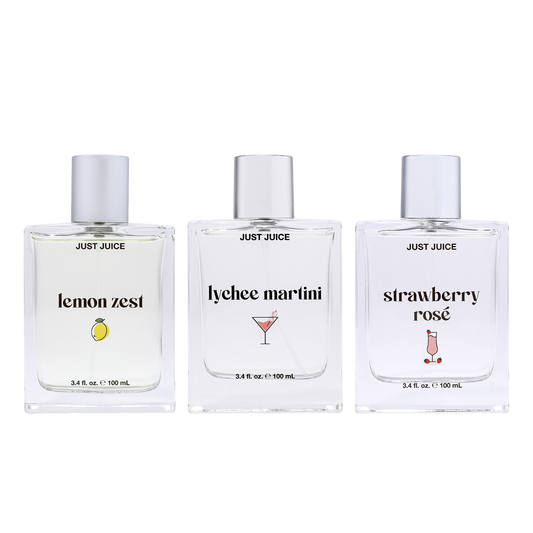 Fresh and Bright Kit by Just Juice for Unisex - 3 Pc Kit 3.4oz Lemon Zest EDP Spray, 3.4oz Strawberry Rose EDP Spray, 3.4oz Lychee Martini EDP Spray