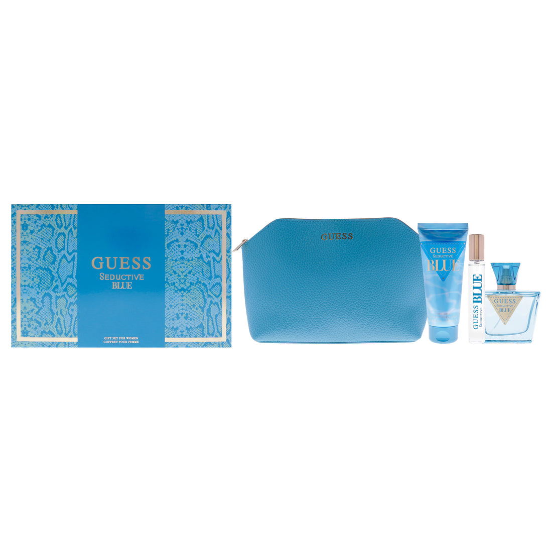 Guess Seductive Blue by Guess for Women - 4 Pc Gift Set 2.5oz EDT Spray, 3.4oz Body Lotion, 0.5oz EDT Spray, Pouch